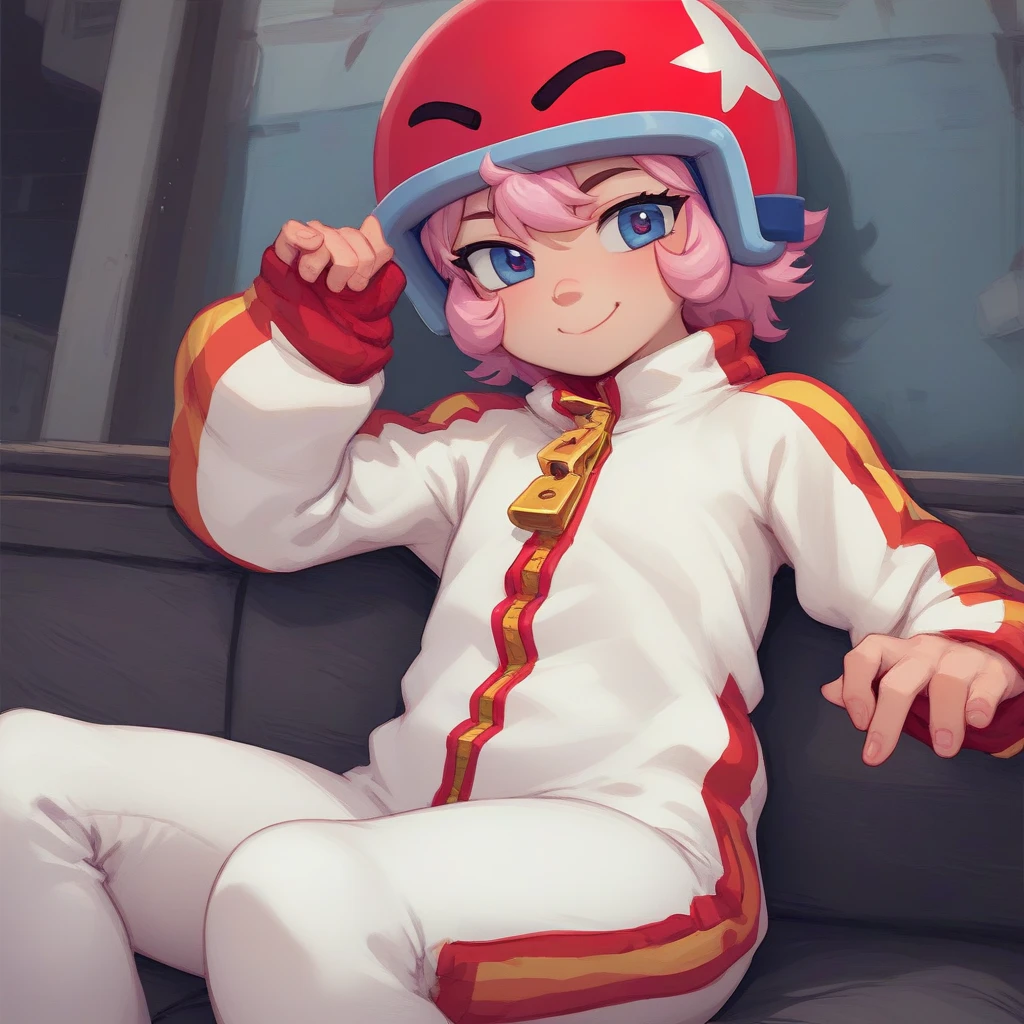 bsbonnie ,  1girl, pink hair, short hair, solo , white bodysuit, red helmet, zipper, zipper pull down, score_9, score_8_up, score_7_up, source_anime , solo  ,CLOSED MOUTH  , SITTING , sleeves past wrists, mischievous face, smile, one hand on the zipper, unzipping,, unzipping with one hand, black t-shirt underneath, UNZIPPING,. BAJANDOSE la cremallera dejando  ver sus hombros, lowering the zipper revealing his shoulders 