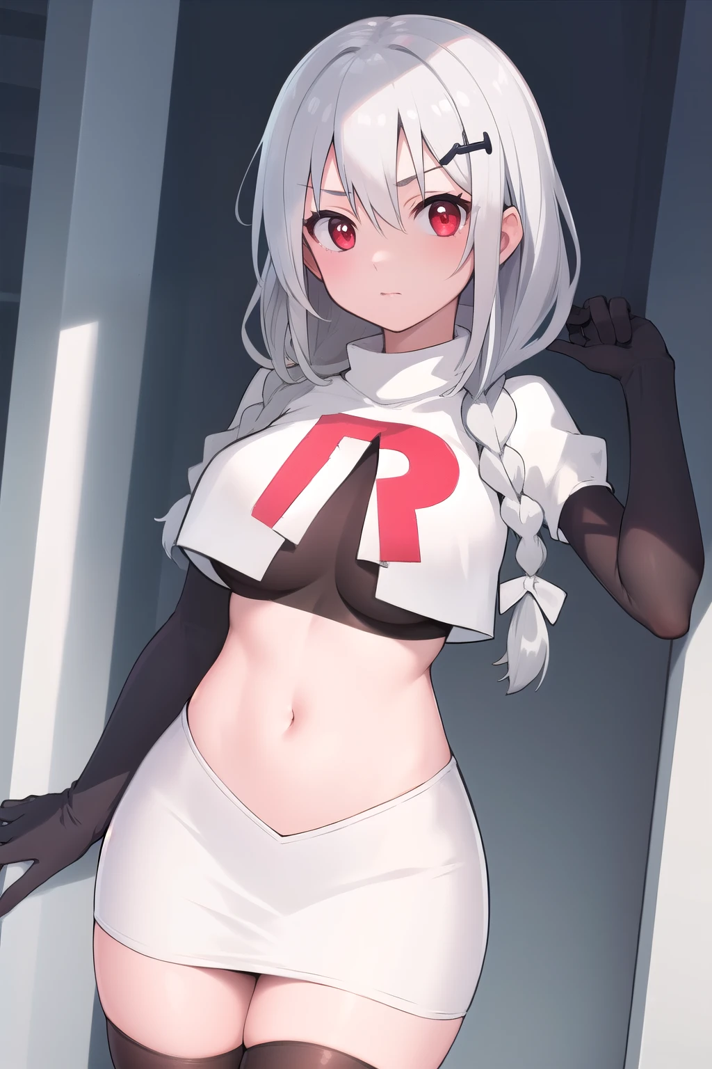 izumidef,demon horns,halo,blue sky,masterpiece,best quality,ultra-detailed, ray tracing,perfect lighting, cowboy shot,(shiny skin:1.2)[wet with oil:0.3],reflection, team rocket,team rocket uniform, red letter R, white skirt,white crop top,black thigh-highs,black elbow gloves