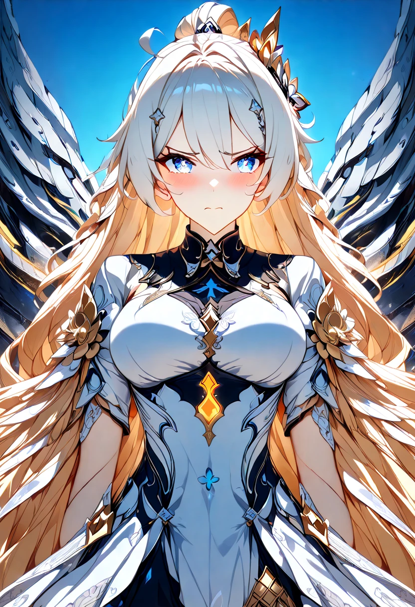 score_9, score_8_up, score_7_up, masterpiece, best quality, very aesthetic, absurdres, 1girl, solo, kiana kaslana \(honkai impact 3rd\), herrscher of finality, white hair, very long hair, ahoge, high ponytail, hair ornament, blue eyes, star-shaped pupils, symbol-shaped pupils, medium breast, blush, disgusted face, closed mouth, heavy breathing, elegant academic uniform, navy blue sailor-style collar with gold embroidery, white blouse, navy skirt, golden belt, asymmetrical cape adorned gold trim, delicate rope tassels,Kiana, Hofi_Def