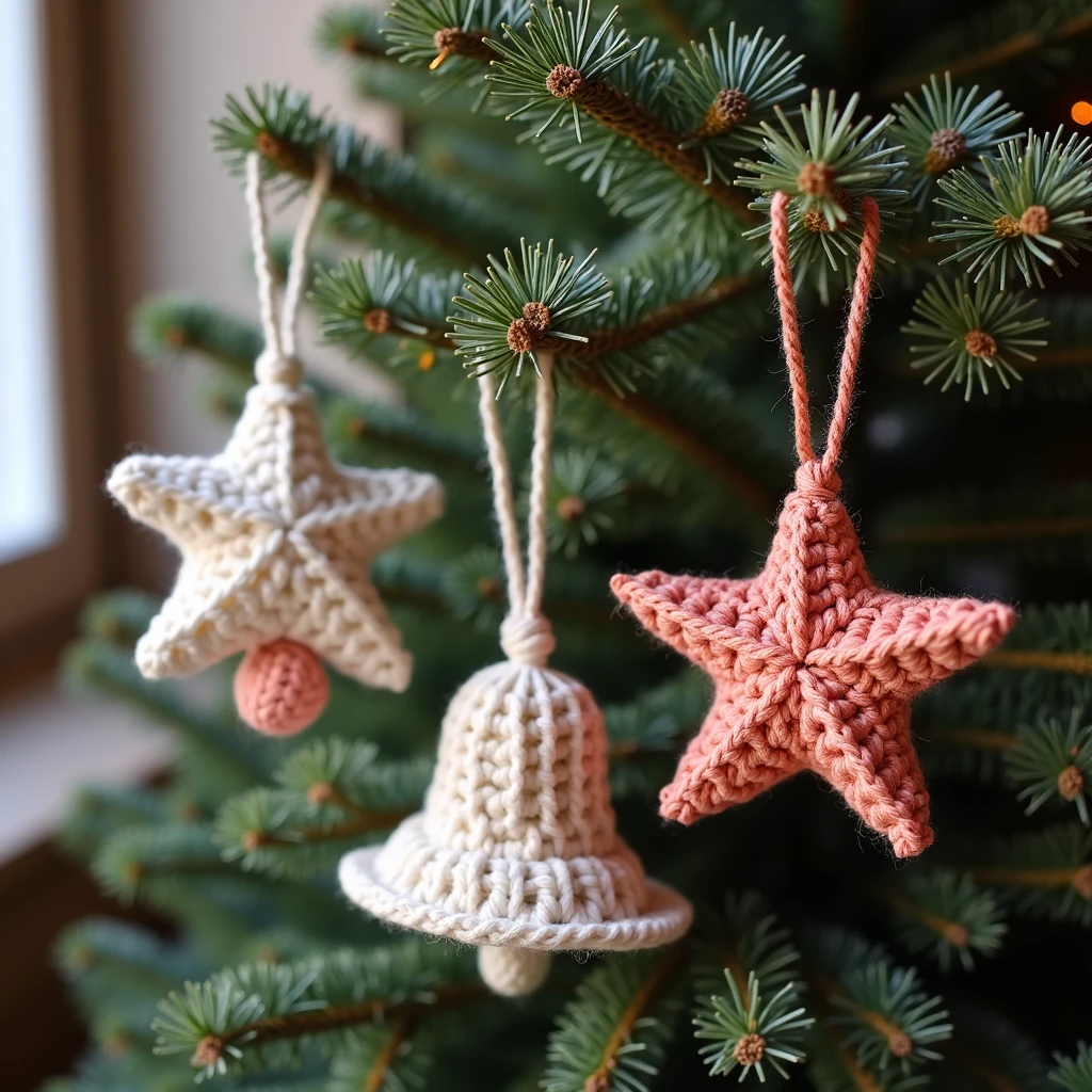 Handmade crochet ornaments in the shape of stars and bells, hanging on a rustic Christmas tree. Soft yarn texture, warm natural lighting, cozy and nostalgic holiday vibe, detailed craftsmanship.