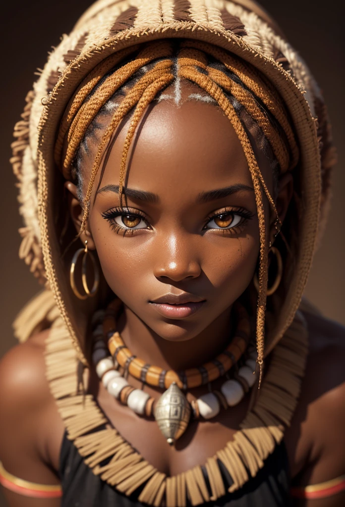 A cute hot african woman tribe himba in african plains, thick jumbo braids, brown skinned stunningly beautiful Girl, brown light eyes detailed, Photograph captured using a Canon 6D Mark II with an 85mm lens at f/ 4 and ISO, chiaroscuro, Glamour shot, award - winning photograph, detailed skin texture, sharp focus, dramatic lighting, post - processed film grain, painting, drawing, illustration, render, 3d render