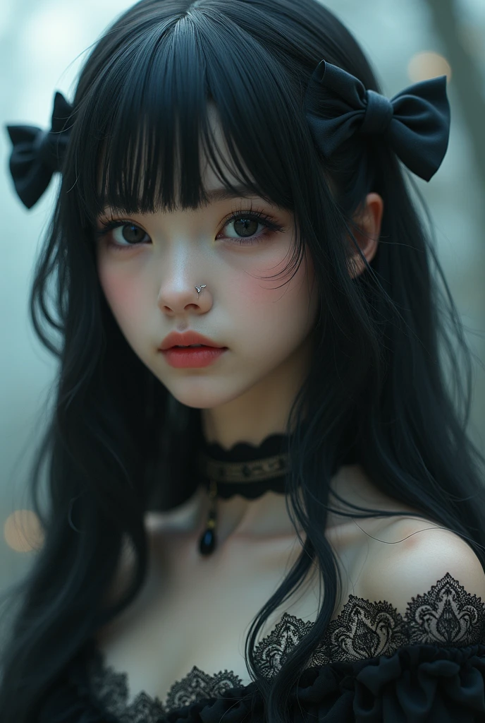 masterpiece, highest quality, (dark photo:1.3), realistic, A girl wearing a lace cami, flat bangs, Stunning innocent symmetrical face, Emotional, Ulzzang, (Pueros face_v1:0.7)