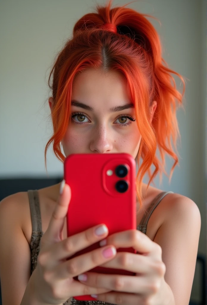 Full body  view im the mirror selfie amateur young girl with Red ponytail she hold Red iPhone 