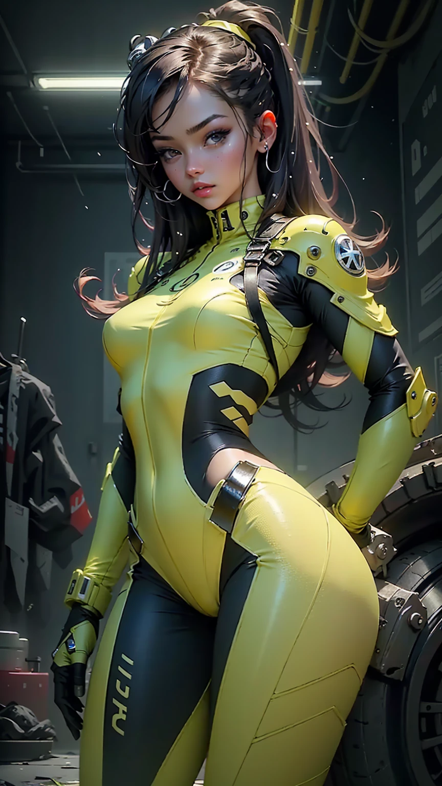 ((Best quality)), ((masterpiece)), (detailed: 1.4), (((100% green)))), woman defined body, full body, bare thighs, body parts covered by cyberpunk clothing, rays painted by the body, dragon scales on the arm, green is the predominant color in clothing, wear blue, yellow, tanned and sweaty skin, (((large breasts)) perfect, generous neckline, pastel, short black hair with small green locks, small panties, garter belt, by mucha, niji, close to real, best quality, almost naked, psychopath, crazy face, action pose, sexy pose, a futuristic car in the background, imitating clothes, tattoos flag of Brazil, green bra with white stars, 5-pointed stars painted the breasts, ((((clothes with the colors of the flag of Brazil)))), shoulder pads with pointed pins, Red eyes without pupils, HDR (High Dynamic Range),Ray Tracing,NVIDIA RTX,Super-Resolution,Unreal 5,Subsurface dispersion, PBR texture, Post-processing, Anisotropic filtering, Depth of field, Maximum clarity and sharpness, Multilayer textures, Albedo and specular maps, Surface shading, Accurate simulation of light-material interaction, Perfect proportions, Octane Render, Two-tone lighting, Wide aperture, Low ISO, White balance, Rule of thirds, 8K RAW, crysisnanosuit
