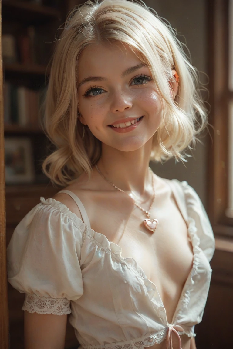 Very young girl, light blonde hair, neckline, v-neck, blouse, small breasts, cute, pretty cute girl