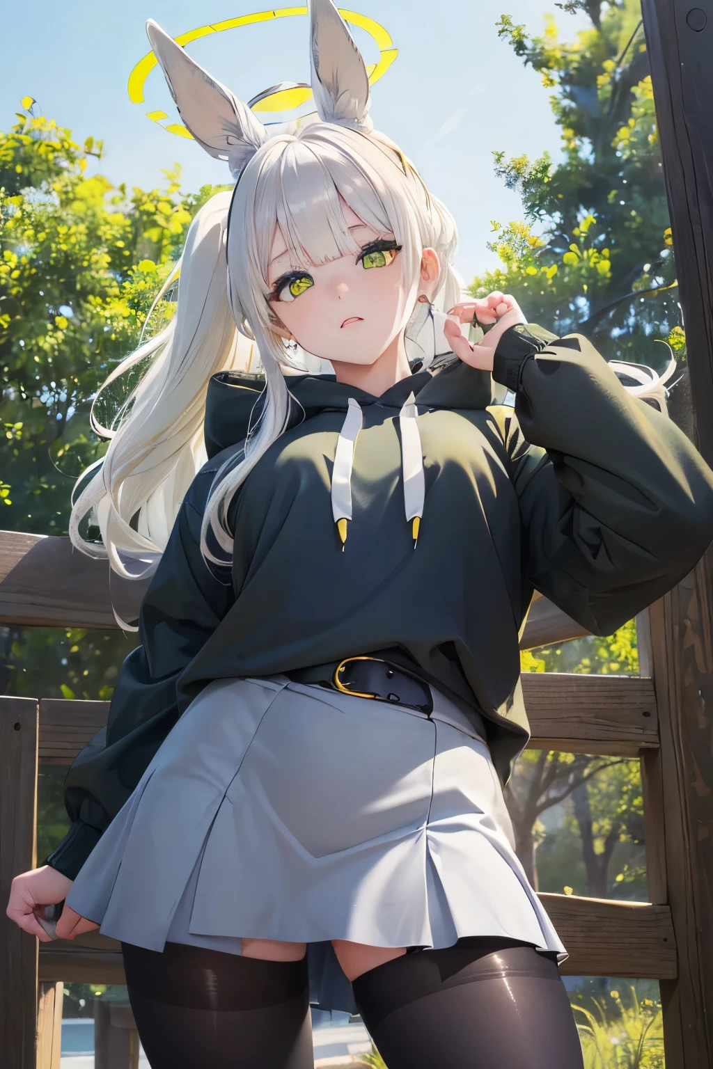 (((fat legs))), ((perfect eyes)), (finely detailed eyes and detailed face:1.3), (extremely fine and beautiful:1.1), (Perfect details:1.1), (Omagari Hare), Blue Archive, (black, yellow halo), green eyes, earings, 1 girl, standing, blue hoodie, belt, ((black glossy pantyhose)), mini skirt, ponytail, (white hair:1.4), (((outdoor))) side view, view from below