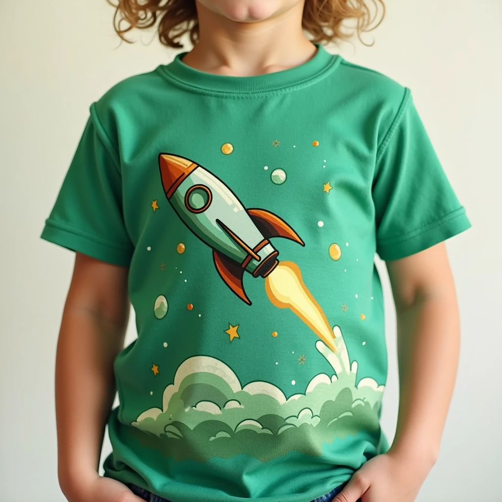Create an image of a young boy standing confidently in front of a sleek, modern car. He is wearing a vibrant, eye-catching t-shirt with a divine or celestial design, featuring stars, planets, or other cosmic elements. The setting is outdoors, with a clear sky and soft, natural lighting that highlights both the boy's expression of pride and the car's polished exterior."