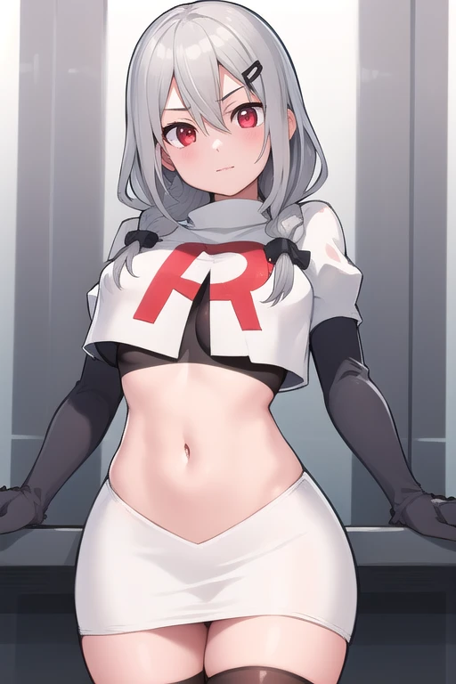 ((masterpiece, best quality,distinct image)), 1girl,solo, jeanne d'arc alter, large breasts, ahoge,looking at viewer, cowboy shot, team rocket,team rocket uniform,white skirt,red letter R,crop top,black thigh-highs,black elbow gloves