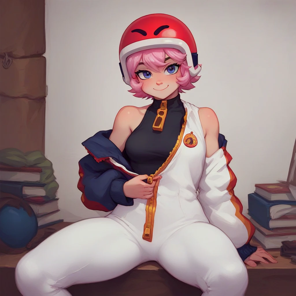 bsbonnie ,  1girl, pink hair, short hair, solo , white bodysuit, red helmet, zipper, zipper pull down, score_9, score_8_up, score_7_up, source_anime , solo  ,CLOSED MOUTH  , SITTING , sleeves past wrists, mischievous face, smile, one hand on the zipper, unzipping,, unzipping with one hand, black t-shirt underneath, UNZIPPING,. BAJANDOSE la cremallera dejando  ver sus hombros, lowering the zipper revealing his shoulders, Taking off his suit revealing his black shirt and shoulders, dressed under the suit