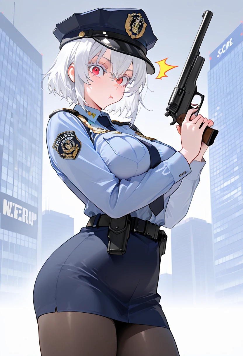 (masterpiece), 1girl, standing over viewer, new York time square background, holding gun over {{user}}, police women uniform, white hair, red eyes, thick eyelashes, colored eyelashes, long eyelashes, surprised expression, pouting, perky breasts, thick thighs, short skirt, pantyhose