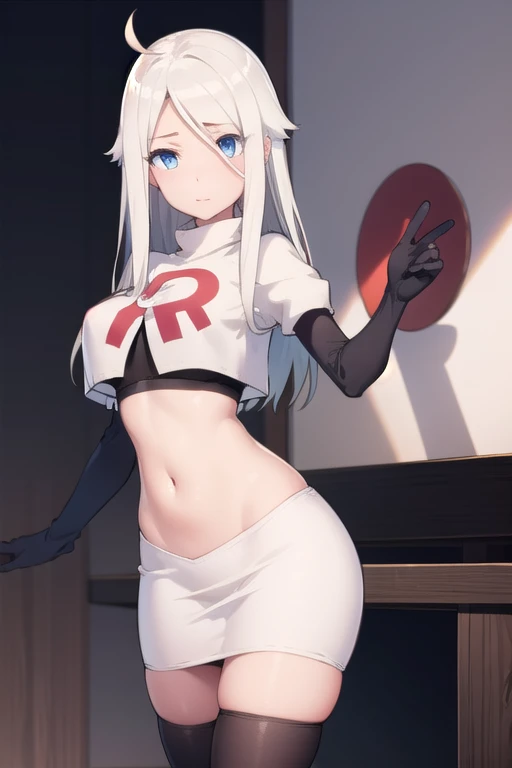 nayutakani, nayuta kani, long hair, blue eyes, white hair, hair ornament, ahoge, scrunchie, hair scrunchie, blue scrunchie, blush,
BREAK team rocket,team rocket uniform,white skirt,red letter R,crop top,black thigh-highs,black elbow gloves,
BREAK looking at viewer, cowboy shot,
BREAK (masterpiece:1.2), best quality, high resolution, unity 8k wallpaper, (illustration:0.8), (beautiful detailed eyes:1.6), extremely detailed face, perfect lighting, extremely detailed CG, (perfect hands, perfect anatomy),