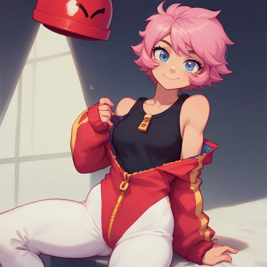 bsbonnie ,  1girl, pink hair, short hair, solo , white bodysuit, red helmet, zipper, zipper pull down, score_9, score_8_up, score_7_up, source_anime , solo  ,CLOSED MOUTH  , SITTING , sleeves past wrists, mischievous face, smile, one hand on the zipper, unzipping,, unzipping with one hand, black t-shirt underneath, UNZIPPING,. BAJANDOSE la cremallera dejando  ver sus hombros, lowering the zipper revealing his shoulders, Taking off his suit revealing his black shirt and shoulders, dressed under the suit, without she's helmet