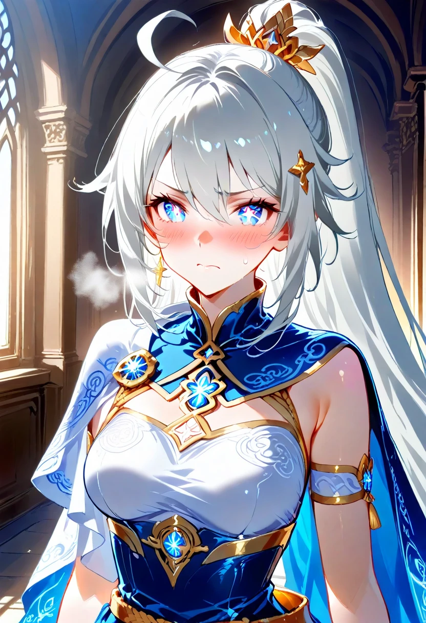 score_9, score_8_up, score_7_up, masterpiece, best quality, very aesthetic, absurdres, 1girl, solo, kiana kaslana \(honkai impact 3rd\), herrscher of finality, white hair, very long hair, ahoge, high ponytail, hair ornament, blue eyes, star-shaped pupils, symbol-shaped pupils, medium breast, blush, disgusted face, closed mouth, heavy breathing, elegant academic uniform, navy blue sailor-style collar with gold embroidery, white blouse, navy skirt, golden belt, asymmetrical cape adorned gold trim, delicate rope tassels