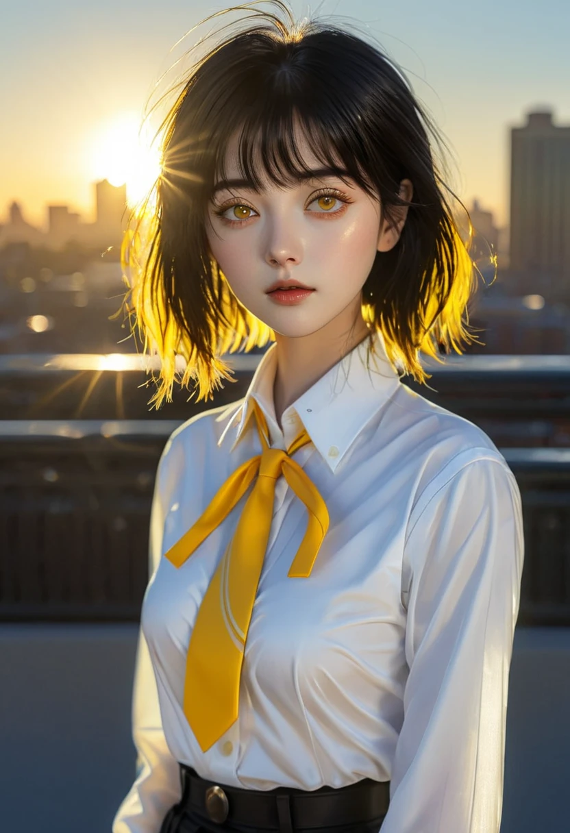 1girl, intricate detail, masterpiece, best quality, extremly detailed,cinematic lighting, beautiful detailed glow, finely detailed beautiful face and eyes, 8k, dark intense shadows, yellow eyes, medium hair, black hair, bangs, floating hair, black jacket, open jacket, white shirt, expressionless, yellow necktie, black skirt, spotlight, sunshine, sunrise, gradient sky, city, lens flare, cowboy shot, [[curvy]], [mature female]