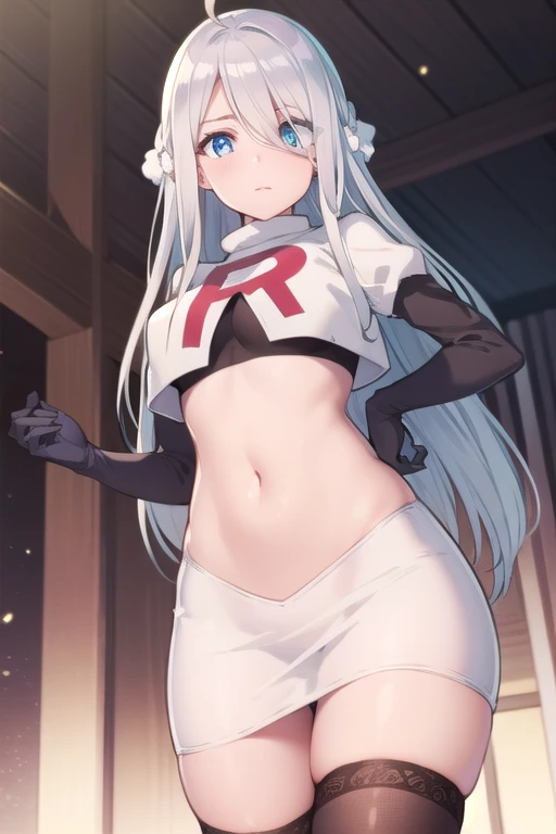 nayutakani, nayuta kani, long hair, blue eyes, white hair, hair ornament, ahoge, scrunchie, hair scrunchie, blue scrunchie, blush,
BREAK team rocket,team rocket uniform,white skirt,red letter R,crop top,black thigh-highs,black elbow gloves,
BREAK looking at viewer, cowboy shot,
BREAK (masterpiece:1.2), best quality, high resolution, unity 8k wallpaper, (illustration:0.8), (beautiful detailed eyes:1.6), extremely detailed face, perfect lighting, extremely detailed CG, (perfect hands, perfect anatomy),