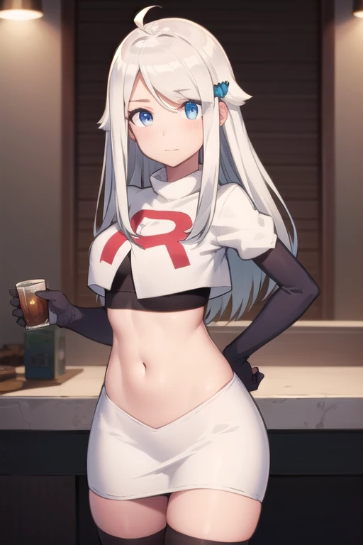 nayutakani, nayuta kani, long hair, blue eyes, white hair, hair ornament, ahoge, scrunchie, hair scrunchie, blue scrunchie, blush,
BREAK team rocket,team rocket uniform,white skirt,red letter R,crop top,black thigh-highs,black elbow gloves,
BREAK looking at viewer, cowboy shot,
BREAK (masterpiece:1.2), best quality, high resolution, unity 8k wallpaper, (illustration:0.8), (beautiful detailed eyes:1.6), extremely detailed face, perfect lighting, extremely detailed CG, (perfect hands, perfect anatomy),