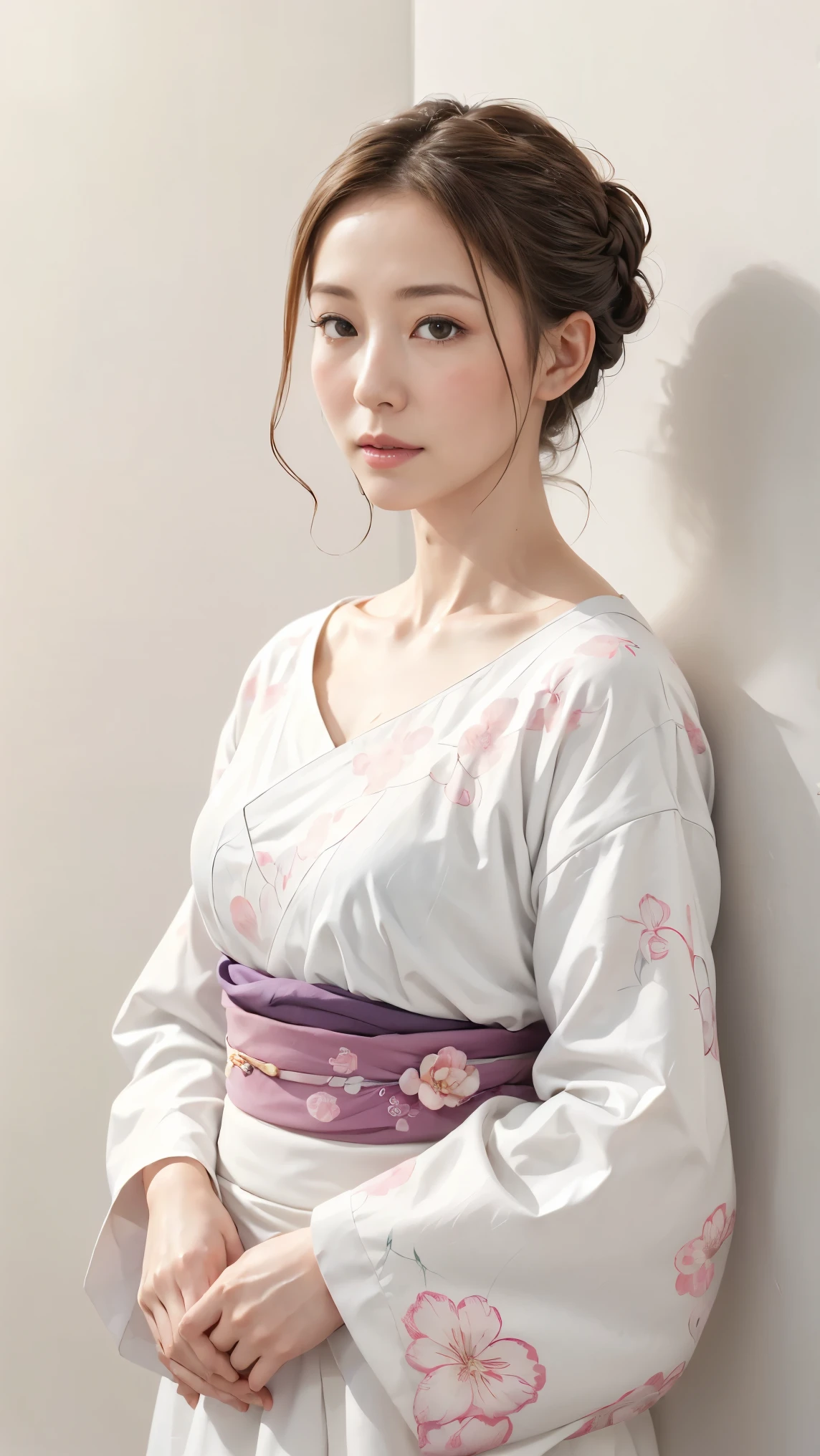 (((simple configuration)))、(((The background is a white wall:1.2)))、one girl、perfect anatomy、painterly、sketch、very delicate、wall with cloud-like pattern、french braid、carefully drawn hair、Floral、delicate depiction、abstract、Bright colors overall、Gentle color、Taisho romance、(masterpiece、highest quality、highest quality、official art、beautiful beautiful:1.2)
