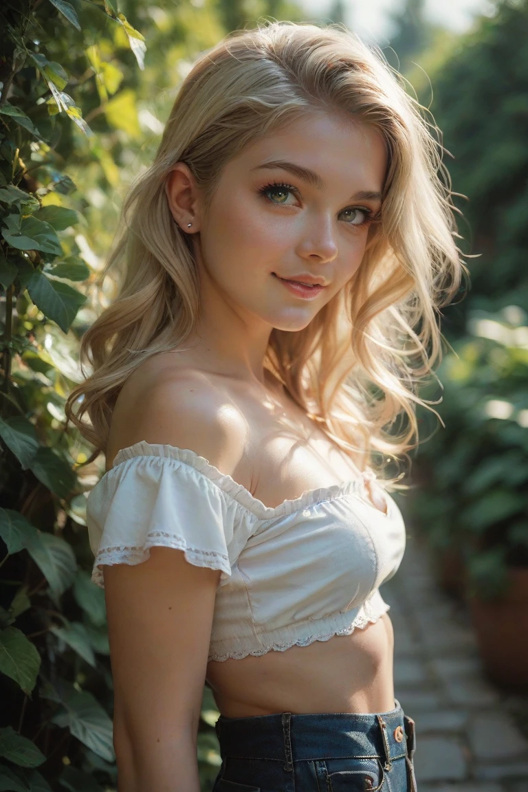 Very young woman, light blonde hair, cute, pretty cute girl, cropped top