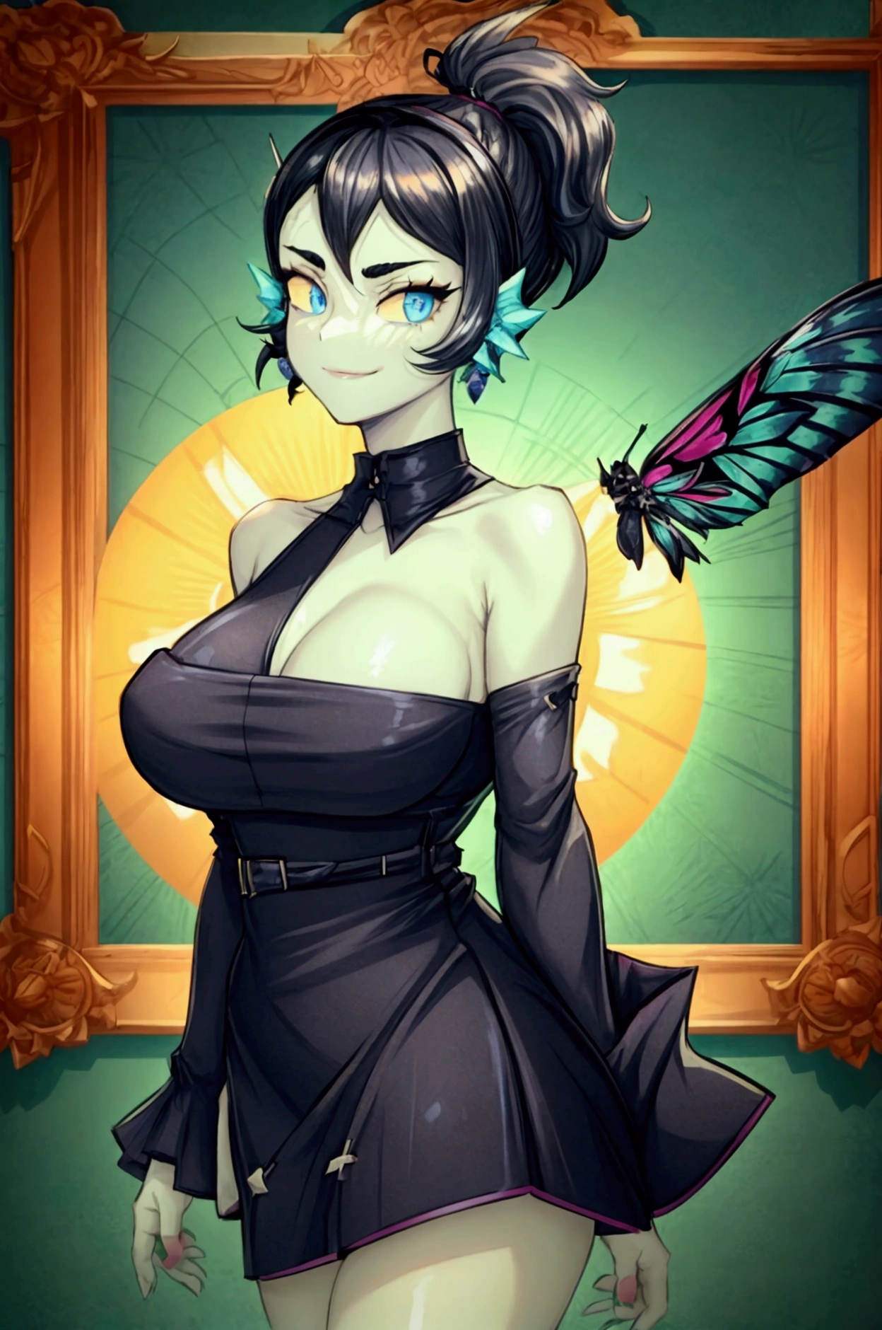 masterpiece, best quality, highres, dragon ball, blmlong, aqua hair, blunt bangs, long hair, playboy bunny, rabbit ears, black pantyhose, red bowtie, wrist cuffs, black leotard, large breasts, cowboy shot, evil smile, (gropping boobs:1.2), ancient ruins, country side, nipples, leaning forward