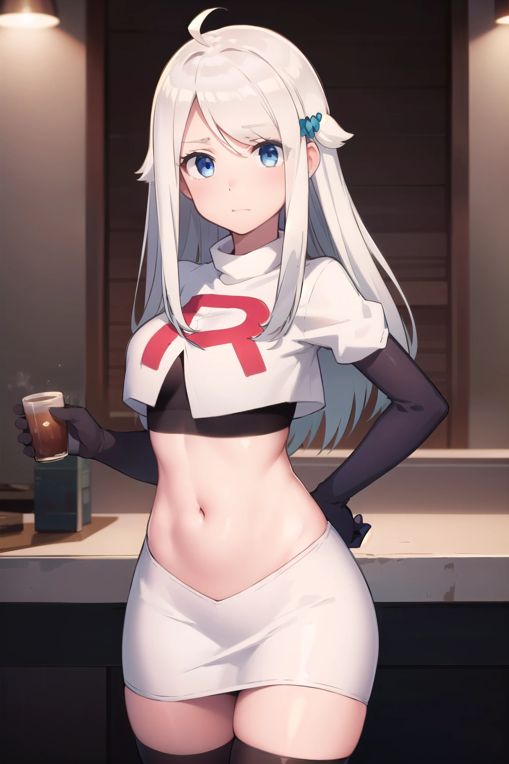 nayutakani, nayuta kani, long hair, blue eyes, white hair, hair ornament, ahoge, scrunchie, hair scrunchie, blue scrunchie, blush,
BREAK team rocket,team rocket uniform,white skirt,red letter R,crop top,black thigh-highs,black elbow gloves,
BREAK looking at viewer, cowboy shot,
BREAK (masterpiece:1.2), best quality, high resolution, unity 8k wallpaper, (illustration:0.8), (beautiful detailed eyes:1.6), extremely detailed face, perfect lighting, extremely detailed CG, (perfect hands, perfect anatomy),