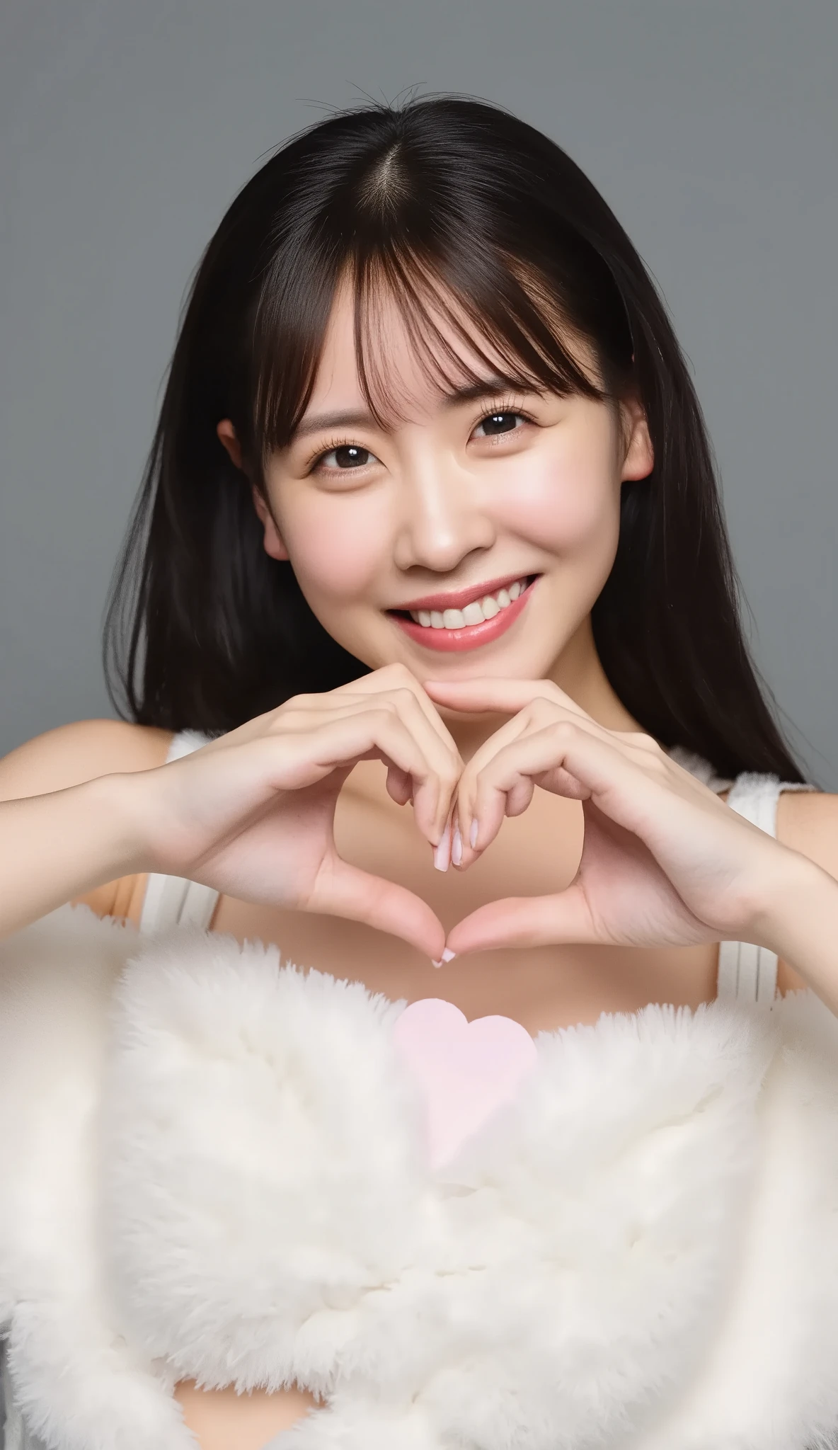 high res、 with a cute smile、 fluffy off-shoulder pajamas, make a big heart with both hands , Hold it in front of your chest , View above the collarbone、 has a monotone background