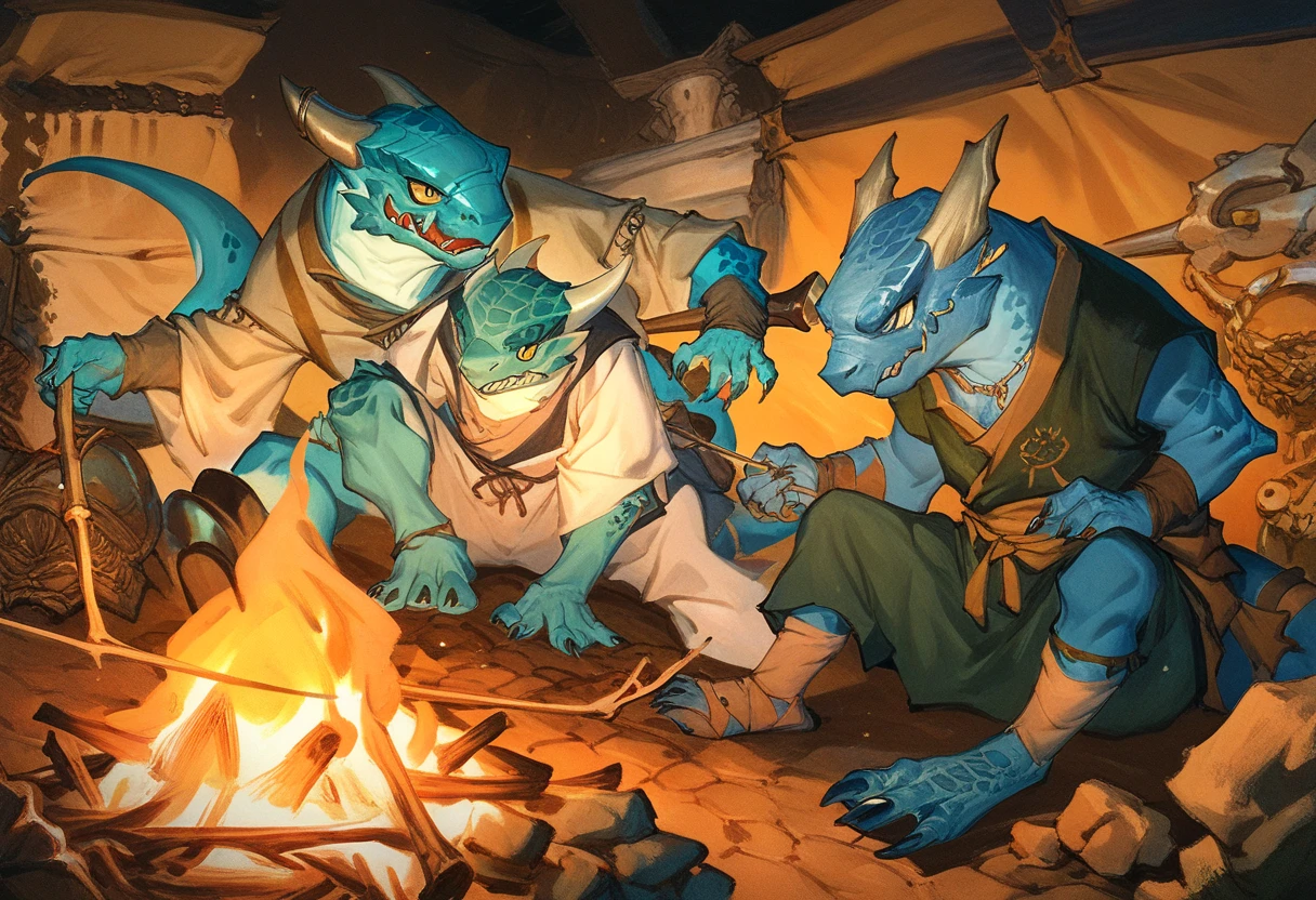 pathfinder kobold,k0bold,yellow eyes,blue skin, 4 kobold aventurers sitting around a campfire, one wizard, one assassin, one alchemist, one archer