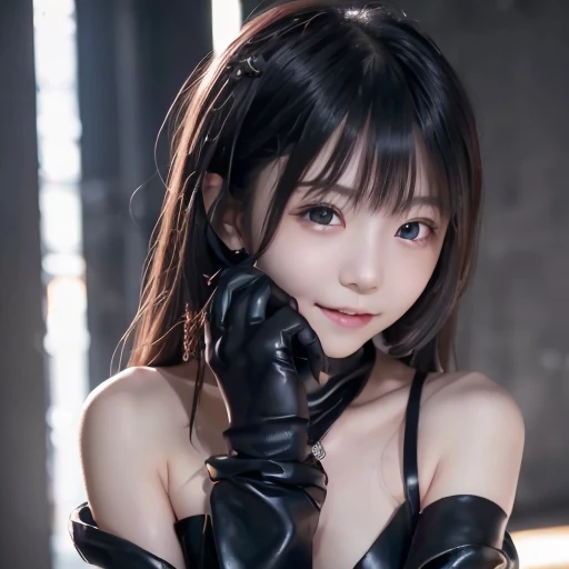 (((Beautiful girl small breasts))), Japanese girl、Wearing a black jacket、(((Black gloves)))、Long Hair,、Cyberpunk Red Green Background、(((Upper body naked))),smile,,、Round face,Big eyes, Round eyes、No makeup、Sweaty