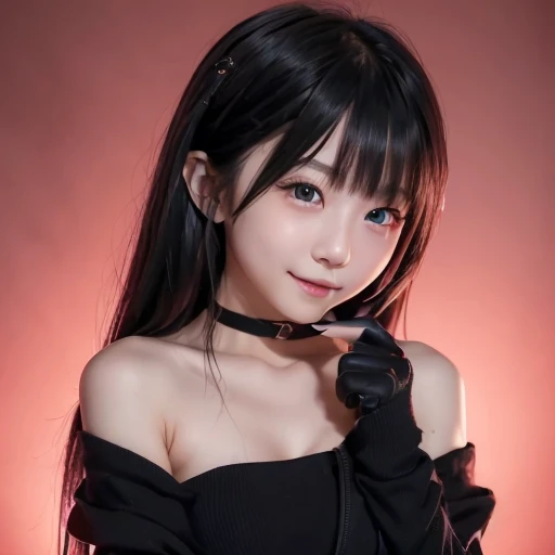 (((Beautiful girl small breasts))), Japanese girl、Wearing a black jacket、(((Black gloves)))、Long Hair,、Cyberpunk Red Green Background、(((Upper body naked))),smile,,、Round face,Big eyes, Round eyes、No makeup、Sweaty