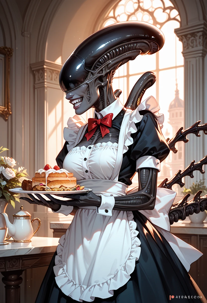 score_9, score_8_up, score_7_up, score_6_up, score_5_up, score_4_up, source_furry, [ncc|mydw], alien, xenomorph, black body, black skin, solo, spiked tail, spikes, spikes \(anatomy\), tail, (female:1.2), small breasts, inside, looking at viewer, hands in both pockets, standing, motion lines, emanata, claws, (maid uniform, maid, maid headdress:1.2), cleavage, cute, heart, backlighting, happy, <3, heart, kitchen, table, teacup, teapot, tea set, serving, tall
<lora:xenomorph_pdxl:1>