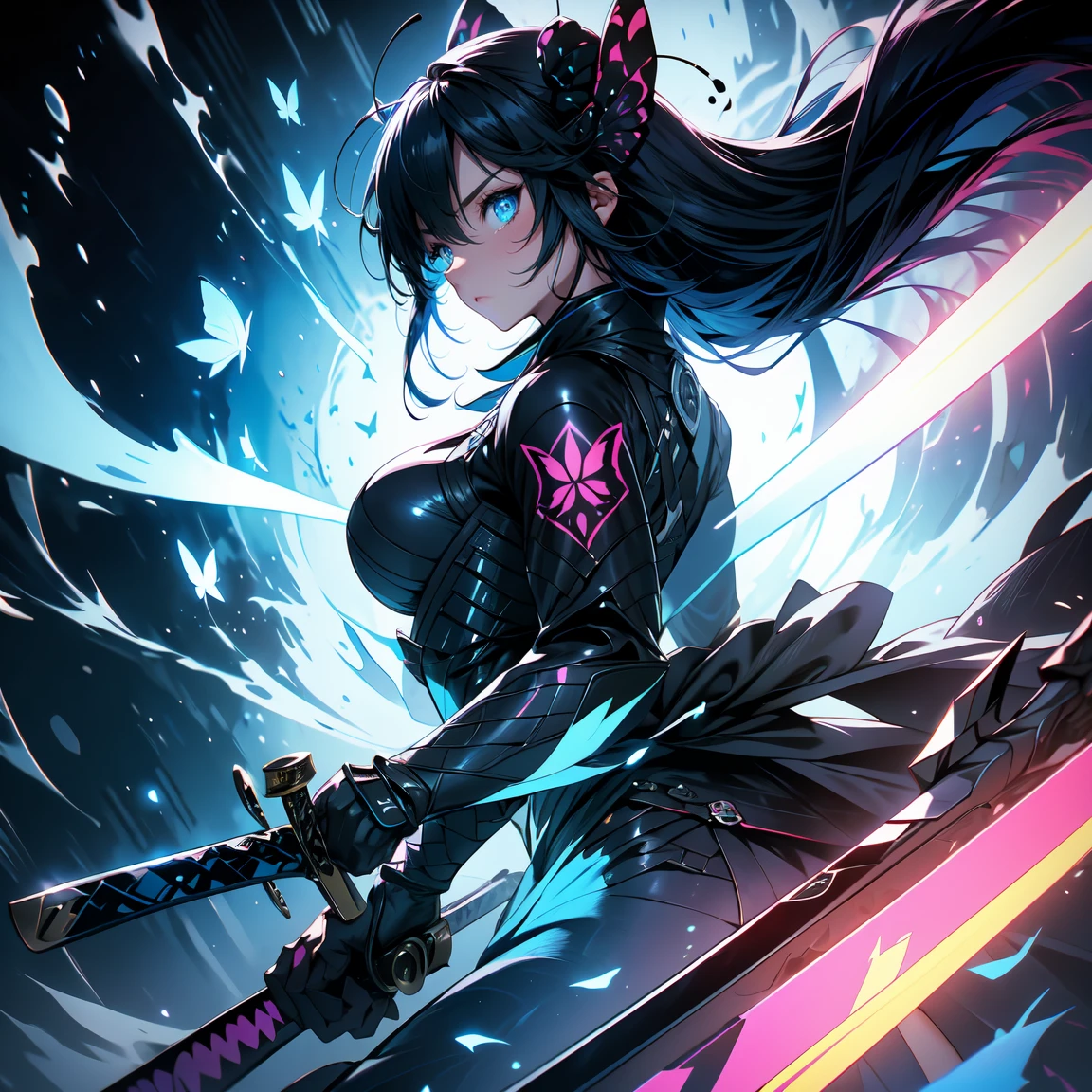 "Cyberpunk samurai cat girl with neon eyes at night in Tokyo city, Close-up shot, Carrying a sword on his back, Infused bright pink style."