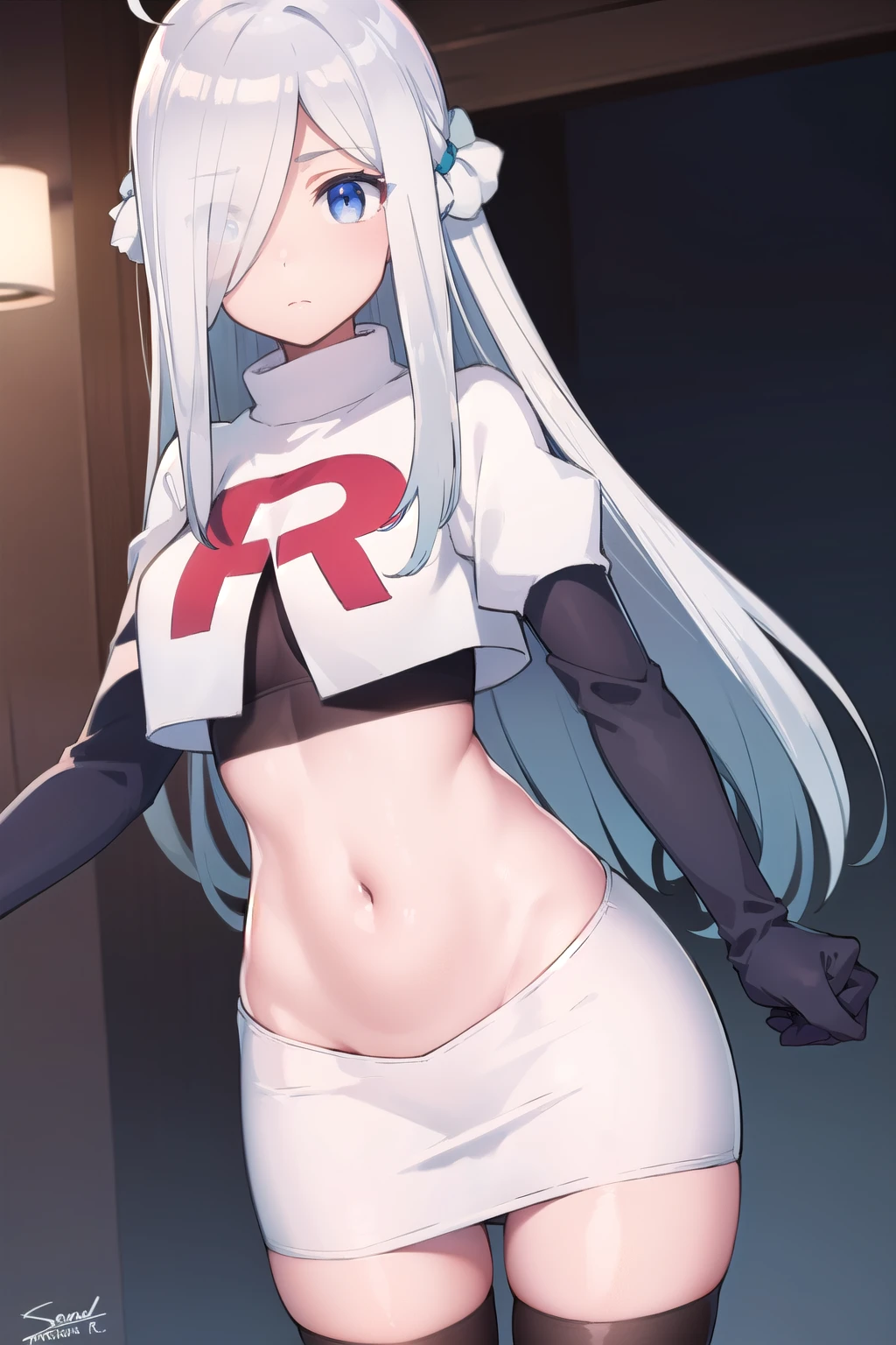 nayutakani, nayuta kani, long hair, blue eyes, white hair, hair ornament, ahoge, scrunchie, hair scrunchie, blue scrunchie, blush,
BREAK team rocket,team rocket uniform,white skirt,red letter R,crop top,black thigh-highs,black elbow gloves,
BREAK looking at viewer, cowboy shot,
BREAK (masterpiece:1.2), best quality, high resolution, unity 8k wallpaper, (illustration:0.8), (beautiful detailed eyes:1.6), extremely detailed face, perfect lighting, extremely detailed CG, (perfect hands, perfect anatomy),