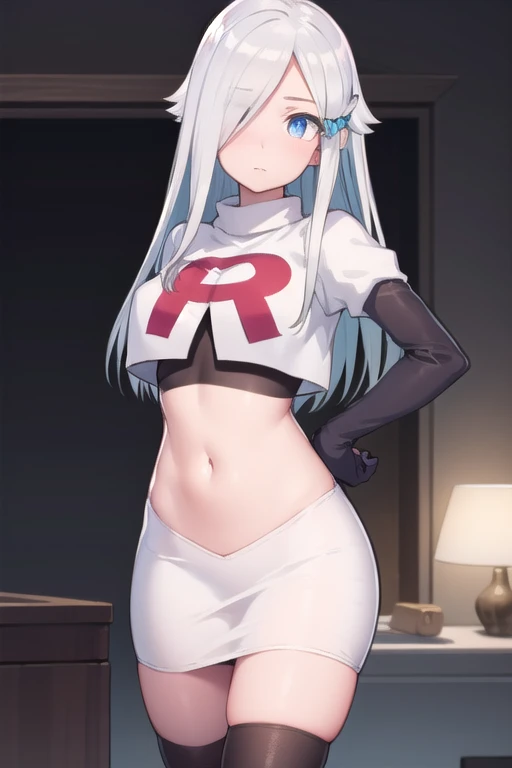 nayutakani, nayuta kani, long hair, blue eyes, white hair, hair ornament, ahoge, scrunchie, hair scrunchie, blue scrunchie, blush,
BREAK team rocket,team rocket uniform,white skirt,red letter R,crop top,black thigh-highs,black elbow gloves,
BREAK looking at viewer, cowboy shot,
BREAK (masterpiece:1.2), best quality, high resolution, unity 8k wallpaper, (illustration:0.8), (beautiful detailed eyes:1.6), extremely detailed face, perfect lighting, extremely detailed CG, (perfect hands, perfect anatomy),