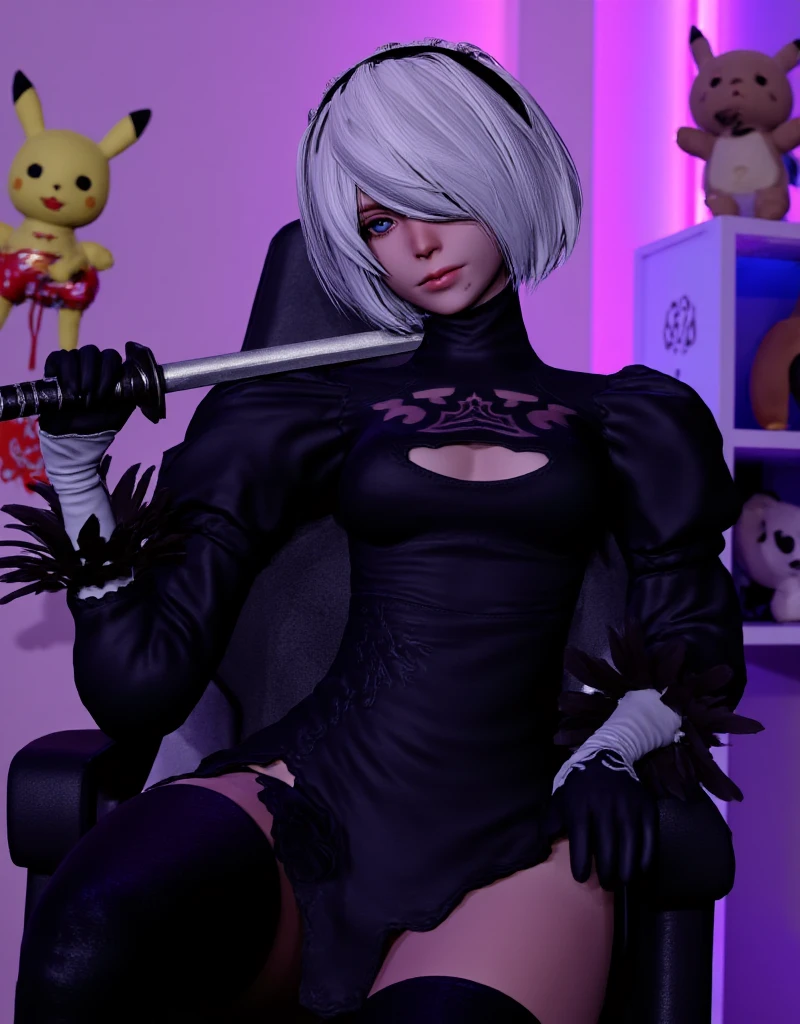 A young woman cosplaying as 2B from NieR: Automata, sitting confidently in her gaming chair in a sleek black dress adorned with intricate embroidery and high slits on both sides. The dress has puffed shoulders and long sleeves with white detailing on the cuffs, creating a blend of elegance and combat readiness. She wears thigh-high black boots with silver accents, emphasizing her tall and commanding appearance. Her white hair is styled into a blunt bob with a side bang partially covering one light green eye, adding an air of mystery. Her makeup is dramatic, with smoky eyeshadow and a soft nude lip, highlighting her sharp features. She holds a replica katana resting on her shoulder, the blade reflecting the soft pink and purple glow of the neon lights in the background.The scene is set in a cozy yet futuristic gaming room, with a neon pink and blue galaxy light casting a vibrant ambiance. Behind her is a white shelf filled with plush toys, including Pikachu and Eevee, subtly blending her playful personality with the serious tone of the cosplay. Her expression is confident, with a slight smirk, as she leans slightly to one side in her chair, embodying the calm strength of 2B. The overall vibe captures a mix of sensuality, sophistication, and the character's iconic stoicism.