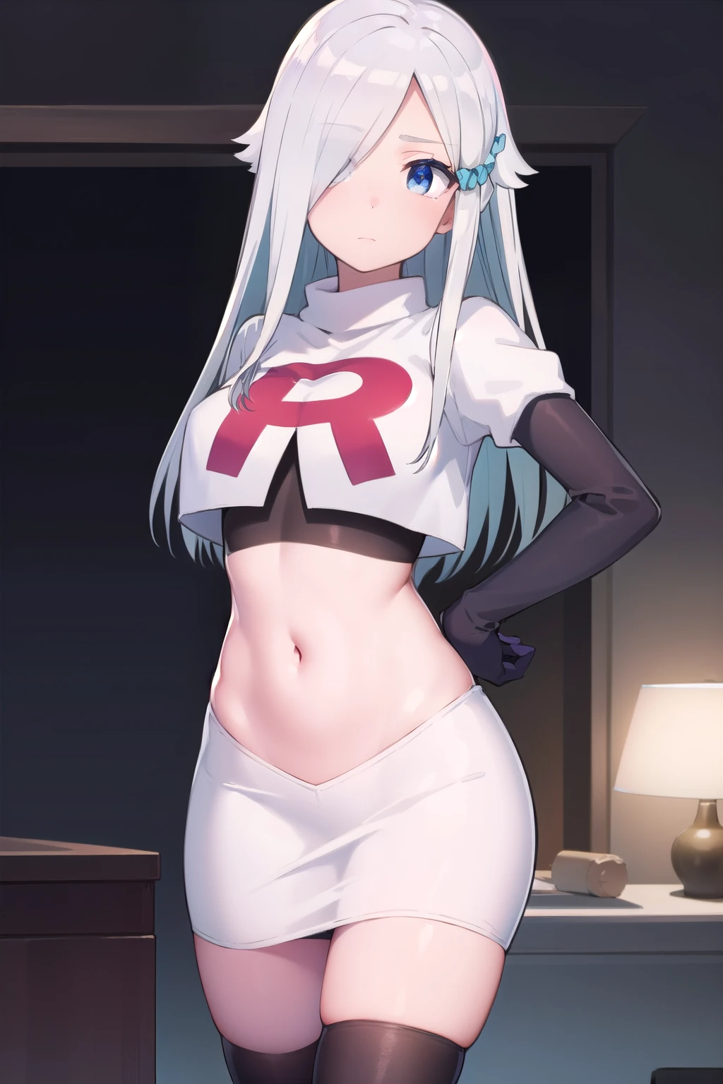 nayutakani, nayuta kani, long hair, blue eyes, white hair, hair ornament, ahoge, scrunchie, hair scrunchie, blue scrunchie, blush,
BREAK team rocket,team rocket uniform,white skirt,red letter R,crop top,black thigh-highs,black elbow gloves,
BREAK looking at viewer, cowboy shot,
BREAK (masterpiece:1.2), best quality, high resolution, unity 8k wallpaper, (illustration:0.8), (beautiful detailed eyes:1.6), extremely detailed face, perfect lighting, extremely detailed CG, (perfect hands, perfect anatomy),