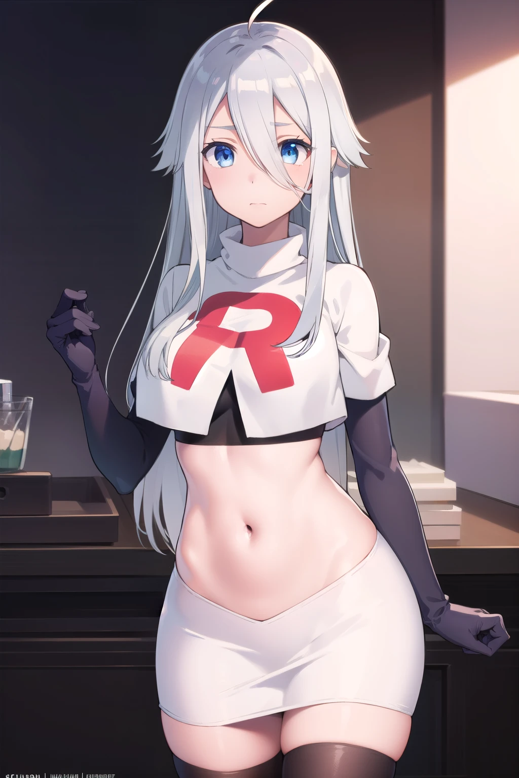 nayutakani, nayuta kani, long hair, blue eyes, white hair, hair ornament, ahoge, scrunchie, hair scrunchie, blue scrunchie, blush,
BREAK team rocket,team rocket uniform,white skirt,red letter R,crop top,black thigh-highs,black elbow gloves,
BREAK looking at viewer, cowboy shot,
BREAK (masterpiece:1.2), best quality, high resolution, unity 8k wallpaper, (illustration:0.8), (beautiful detailed eyes:1.6), extremely detailed face, perfect lighting, extremely detailed CG, (perfect hands, perfect anatomy),