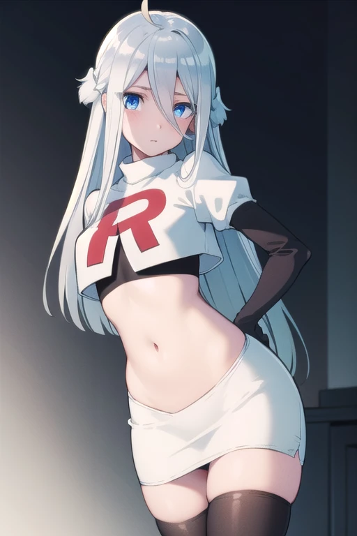 nayutakani, nayuta kani, long hair, blue eyes, white hair, hair ornament, ahoge, scrunchie, hair scrunchie, blue scrunchie, blush,
BREAK team rocket,team rocket uniform,white skirt,red letter R,crop top,black thigh-highs,black elbow gloves,
BREAK looking at viewer, cowboy shot,
BREAK (masterpiece:1.2), best quality, high resolution, unity 8k wallpaper, (illustration:0.8), (beautiful detailed eyes:1.6), extremely detailed face, perfect lighting, extremely detailed CG, (perfect hands, perfect anatomy),