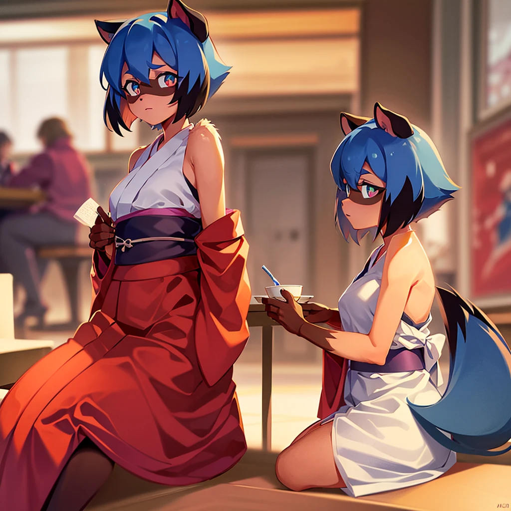 Masterpiece, High quality, High quality of art, best quality, best details, anime artstyle, 2d lineart, anime 2d lineart, Michiru Kagemori, Sitting at the table, evaluating pose, red kimono, Bare fluffy shoulders, fluffy fur, fluffy body fur, A Warm Illumination, Relaxed eyebrows, cunning eyes, two-tone hair, multicolored eyes, Sitting at the table, in restaurant, craftly eyes