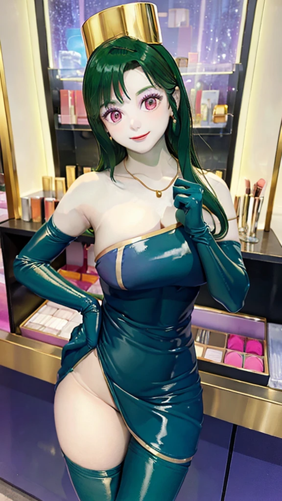 (masterpiece, top quality ,Ultra delicate,  perfect face,16k,   high res ,   very beautiful women,raw photo,very cute), Heavy makeup:1.3,  deep green hair  ,  Blue Latex Bodycon Dress ,   Long Blue Latex Gloves  , Light Green Tights ,  Big Breasts , Tall Cylindrical Gold Headpiece ,   blue-white skin, Red gem on forehead:2.0, ((Cosmetics counter  )),   necklace,  smile ,  cowboy shot