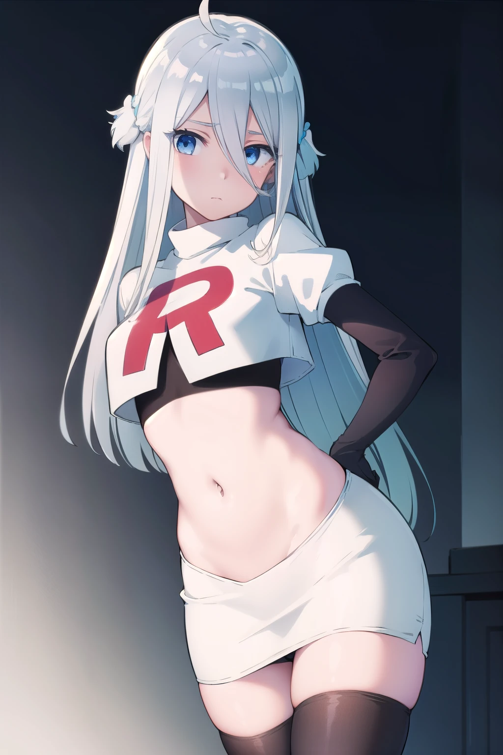 nayutakani, nayuta kani, long hair, blue eyes, white hair, hair ornament, ahoge, scrunchie, hair scrunchie, blue scrunchie, blush,
BREAK team rocket,team rocket uniform,white skirt,red letter R,crop top,black thigh-highs,black elbow gloves,
BREAK looking at viewer, cowboy shot,
BREAK (masterpiece:1.2), best quality, high resolution, unity 8k wallpaper, (illustration:0.8), (beautiful detailed eyes:1.6), extremely detailed face, perfect lighting, extremely detailed CG, (perfect hands, perfect anatomy),