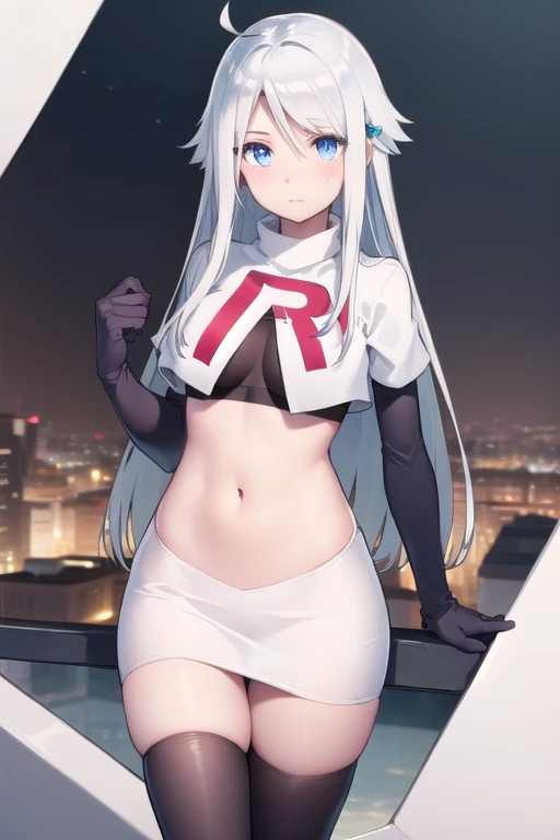 nayutakani, nayuta kani, long hair, blue eyes, white hair, hair ornament, ahoge, scrunchie, hair scrunchie, blue scrunchie, blush,
BREAK team rocket,team rocket uniform,white skirt,red letter R,crop top,black thigh-highs,black elbow gloves,
BREAK looking at viewer, cowboy shot,
BREAK (masterpiece:1.2), best quality, high resolution, unity 8k wallpaper, (illustration:0.8), (beautiful detailed eyes:1.6), extremely detailed face, perfect lighting, extremely detailed CG, (perfect hands, perfect anatomy),