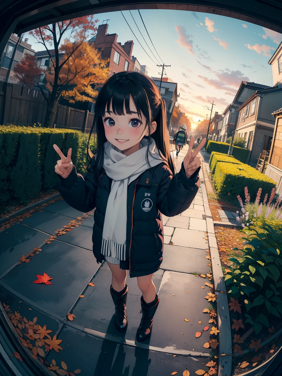  masterpiece ， top quality，    high image quality，(   super flat  ，   flat shading pointing at blackboard )，     beautiful dark hair      ，   fisheye lens，cute petite trained young mother and very cute trained ****** daughter :1.25，    warm scarf   ，    Long Sleeve Sailor Suit    ，   Down Jacket  ，(naked)，    long hair，      boots，smile, smile， White Breath，fun, play，Autumn park garden，   fallen leaves 　Autumn sky， ローストしたSweet potatoが入った紙袋を持っている  ，Sweet potato，dusk，    Beautiful Sunsets    ，Wide angle，    bright color ，watercolor,   Ghibli style，Strong winds ， Girl Temptation，      girl&#39;Lure，