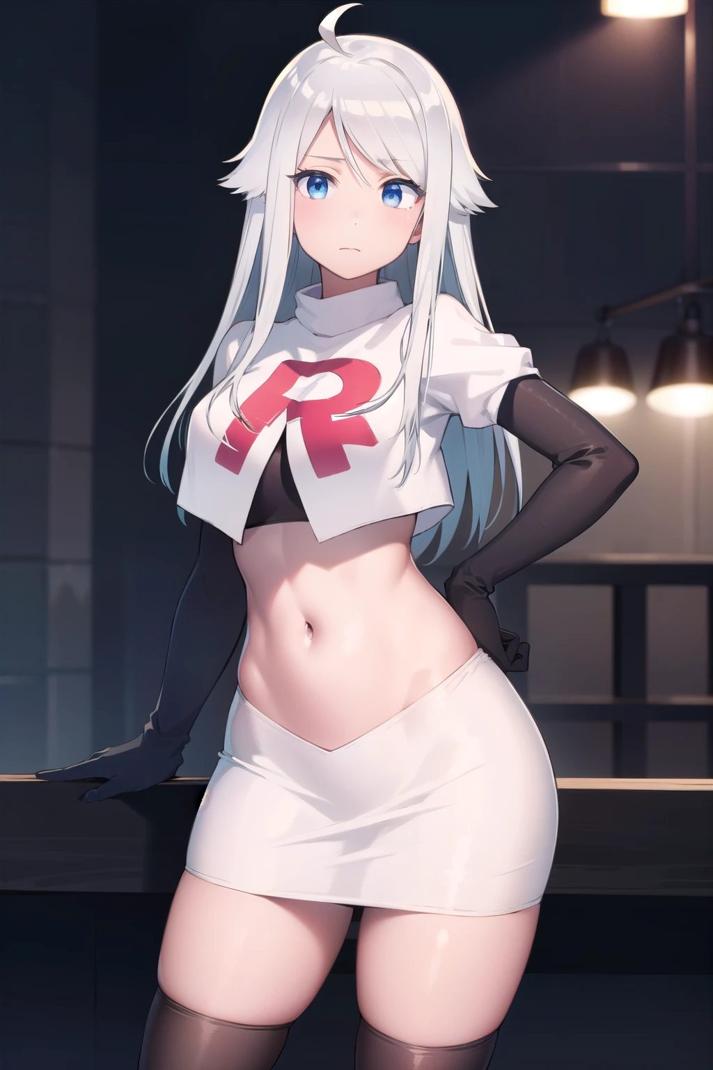 nayutakani, nayuta kani, long hair, blue eyes, white hair, hair ornament, ahoge, scrunchie, hair scrunchie, blue scrunchie, blush,
BREAK team rocket,team rocket uniform,white skirt,red letter R,crop top,black thigh-highs,black elbow gloves,
BREAK looking at viewer, cowboy shot,
BREAK (masterpiece:1.2), best quality, high resolution, unity 8k wallpaper, (illustration:0.8), (beautiful detailed eyes:1.6), extremely detailed face, perfect lighting, extremely detailed CG, (perfect hands, perfect anatomy),