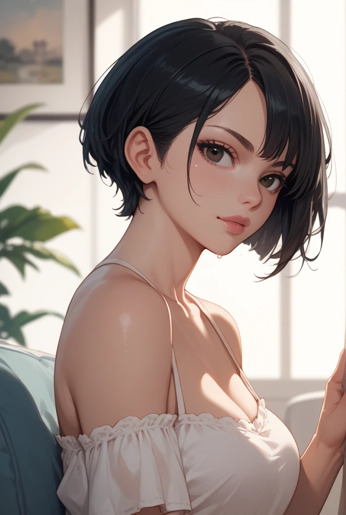 Amazing portrait of a sexy and cute girl with a short bob hairstyle and a seductive gaze who is blushing intensely with parted lips and is desperate and flustered and lustful wearing an off shoulder orange t shirt showcasing her bare shoulder while lying on bed