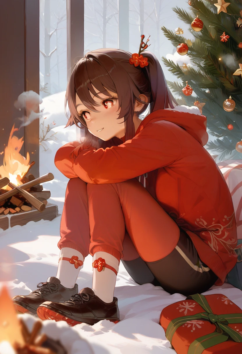 (best quality) (masterpiece) (ultra_detailed) Hu tao, slim, fit,  anime look, anime style, wearing reddish hoodie, christmas, snow, christmas tree, campfire, cold, 