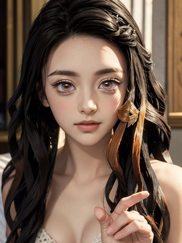 ( masterpiece ,  best quality), 1 , nezuko,  very long hair , Multicolor red hair,  dark blond hair , Dark brown eyes. 