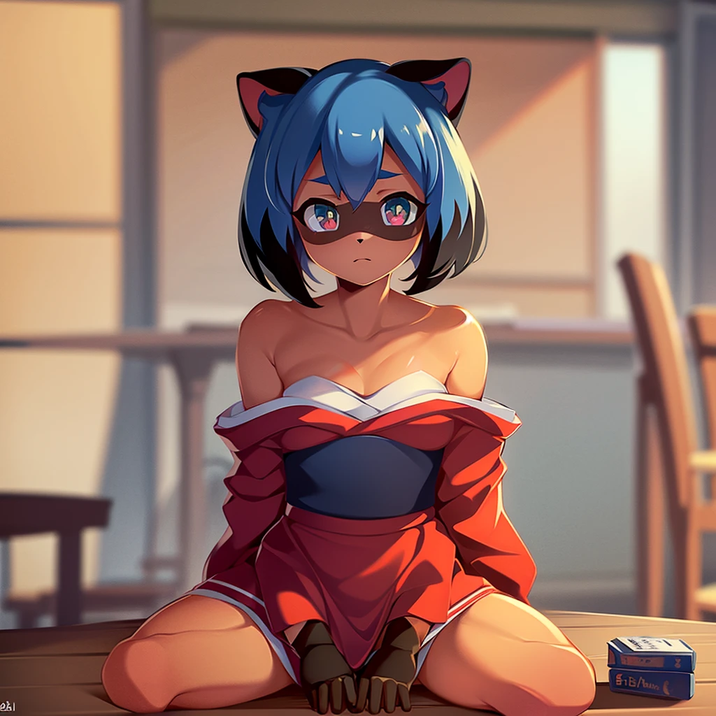 Masterpiece, High quality, High quality of art, best quality, best details, anime artstyle, 2d lineart, anime 2d lineart, Michiru Kagemori, Sitting at the table,crafty eyes, red kimono, Bare fluffy shoulders, fluffy fur, fluffy body fur, Relaxed eyebrows, cunning eyes, two-tone hair, multicolored eyes, Sitting at the table, in restaurant, 