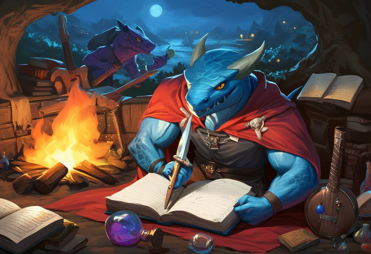 pathfinder kobold,k0bold,yellow eyes,blue skin, many kobolds aventurers sitting around a campfire, wilderness, night, BREAK one wizard, cloak, book, reading BREAK, one assassin, holding a dagger, BREAK one alchemist, holding a potion, BREAK one archer, holding a bow, BREAK one flexing, muscular, BREAK bard,accoustic guitar, awawa