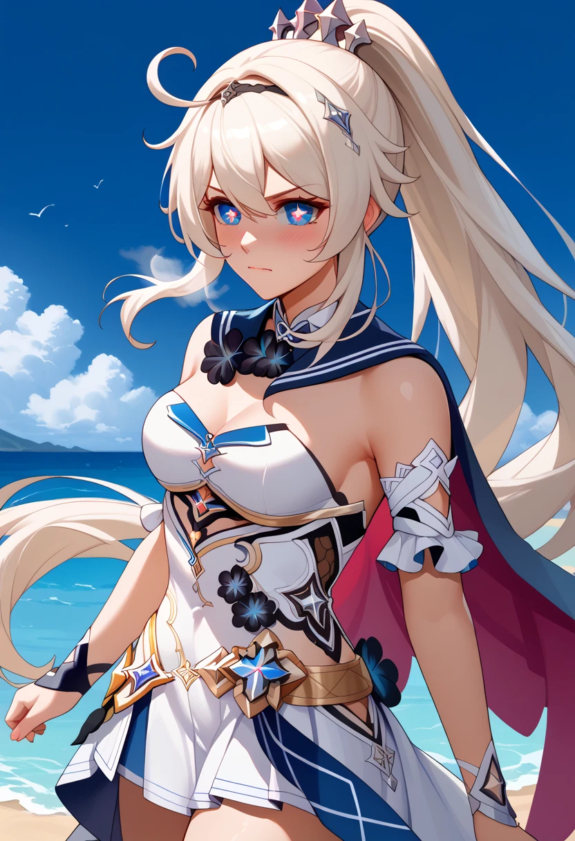 score_9, score_8_up, score_7_up, masterpiece, best quality, very aesthetic, absurdres, 1girl, solo, kiana kaslana \(honkai impact 3rd\), herrscher of finality, white hair, very long hair, ahoge, high ponytail, hair ornament, blue eyes, star-shaped pupils, symbol-shaped pupils, medium breast, blush, disgusted face, closed mouth, heavy breathing, elegant academic uniform, navy blue sailor-style collar with gold embroidery, white blouse, navy skirt, golden belt, asymmetrical cape adorned gold trim, delicate rope tassels