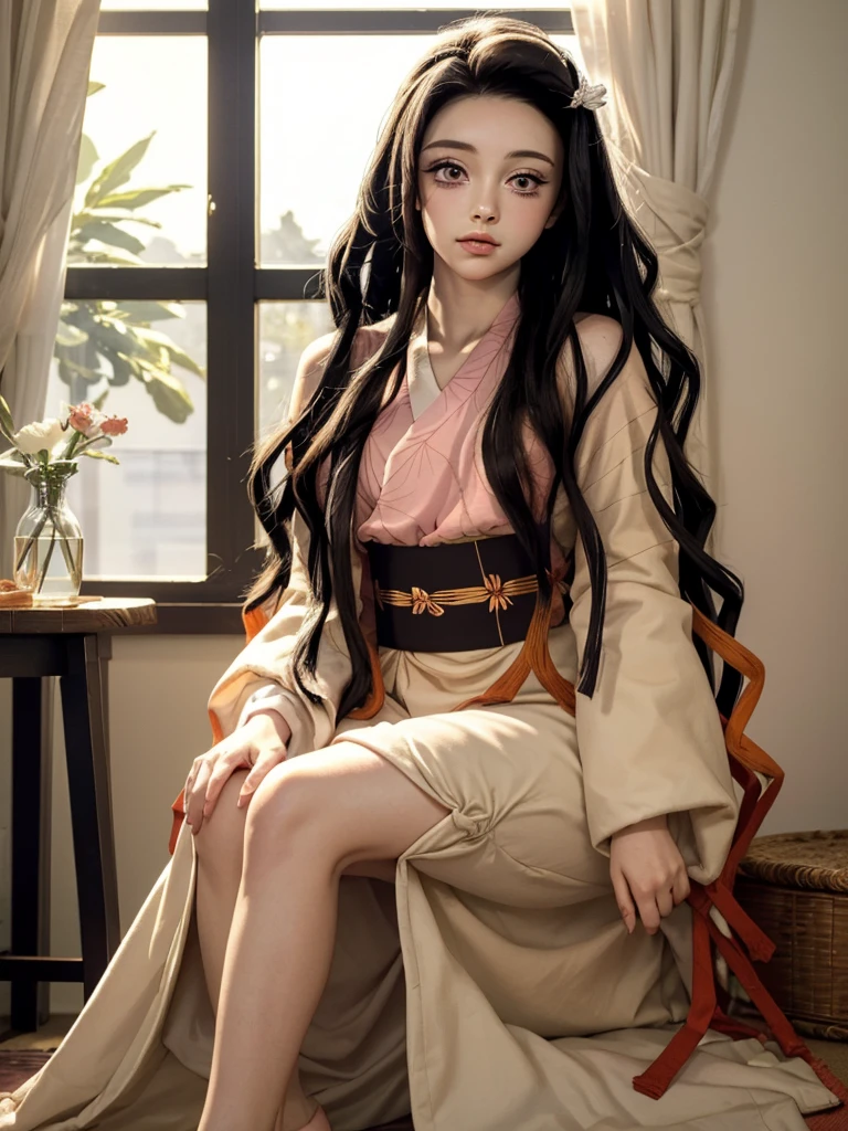 ( masterpiece ,  best quality), 1 , OC,  very long hair , Multicolor red hair,  dark blond hair , Dark brown eyes,Nezuko kimono 