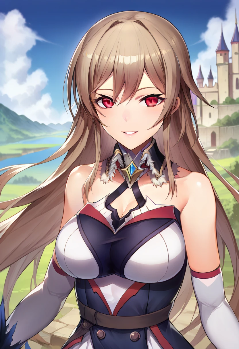 score_9, score_8_up, score_7_up, source_anime,
cinematic, dramatic, blurry background, depth of field, 
1girl, solo, standing, joyful, smile, parted lips, dynamic pose, 
outdoors, fantasy, landscape, castle,  nature,
 frnel, very long hair, bangs, brown hair, red eyes, hair between eyes, large breasts, 
1st costume, dress, short dress, detached collar, bare shoulders, detached sleeves,  cleavage, collarbone,  bridal gauntlets, black thighhighs, zettai ryouiki, garter straps, waist cape,